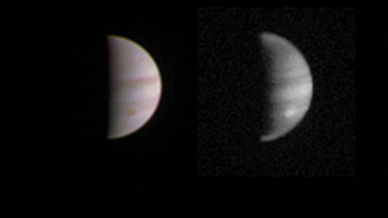 Handout photos issued by Nasa of a composite of two views of Jupiter taken on August 23rd by the Juno probe when it was 4.3 million kms from the planet, the left image shows visible colours and the right image was taken with an infrared filter and reveals the abundant methane in Jupiter’s atmosphere. Photograph: PA/Nasa