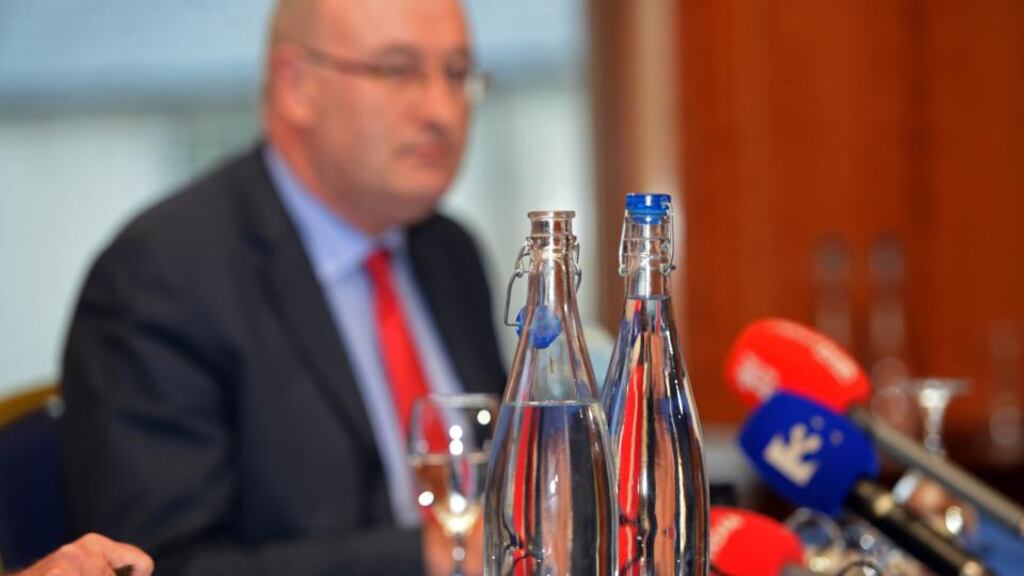 The Minister for the Environment Phil Hogan , at a press conference after he visited the Ballymore Eustace plant , in Co. Kildare today. Photograph: Eric Luke/The Irish Times