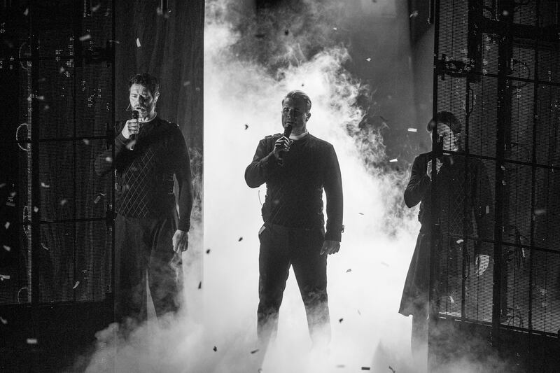 Take That's Gary Barlow, Howard Donald and Mark Owen on stage at 3Arena, Dublin. Photograph: Tom Honan