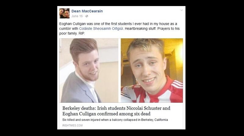Dean MacCearaín was acquainted with Eoghan Culligan, who was one of the students killed in the Berkeley balcony collapse in June.