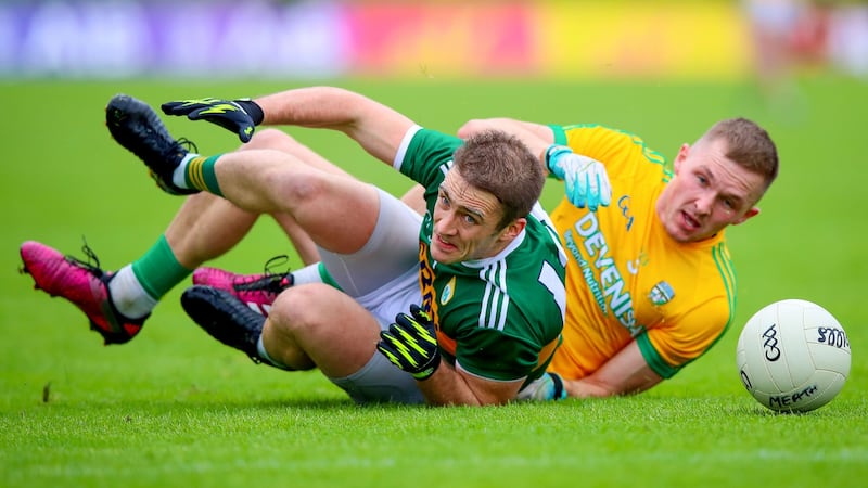 Kerry’s Stephen O’Brien with Conor McGill of Meath. Photograph: Tommy Dickson/Inpho
