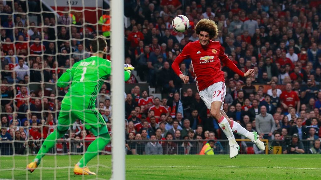 Manchester United’s Marouane Fellaini scores their first goal in the Europa League semi-final second leg at Old Trafford. Photograph: Jason Cairnduff/Action Images via Reuters/Livepic