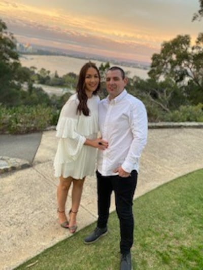 Avril Dolan, from Co Kildare, with her fiance Lewis McDonald in Kings Park, Perth, Western Australia.