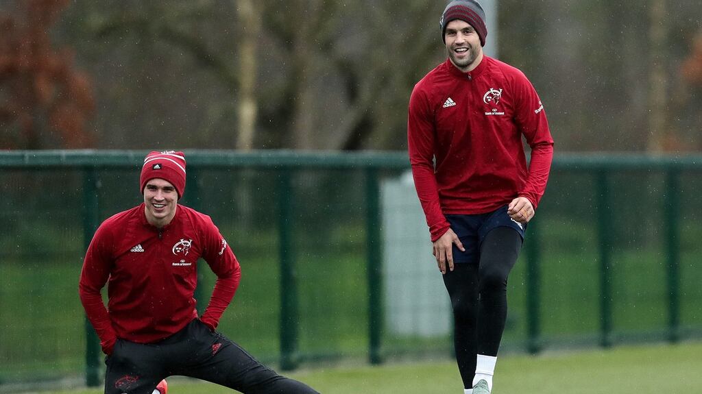 Joey Carbery and Conor Murray during a Munster training session at UL. Photograph: Laszlo Geczo/Inpho