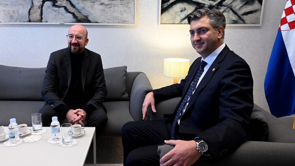 Croatia prime minister Andrej Plenkovic (right) looks on next to EU council president Charles Michel, during their meeting in Zagreb, Croatia  January 9th. Photograph:  Denis Lovrovic/AFP via Getty