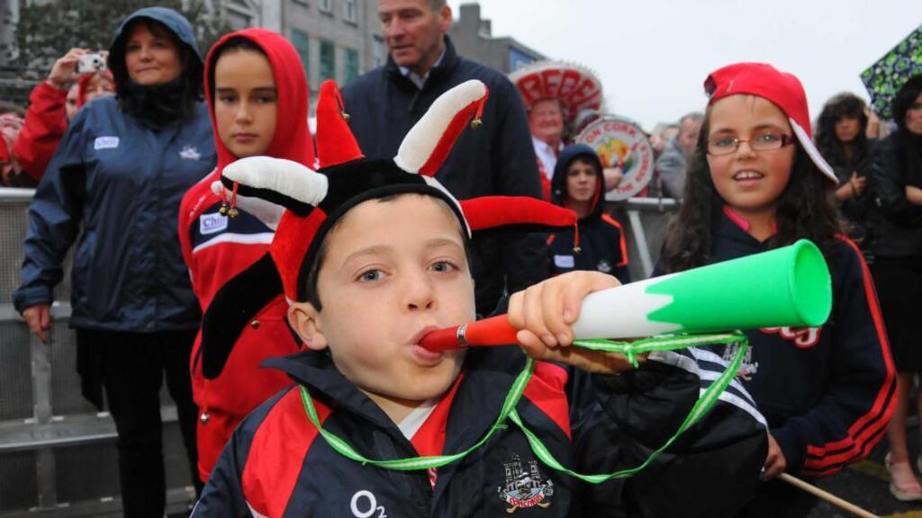 Conor Coughlan from Ballinhassig welcoming back the Cork senior hurling team in Cork last night. Picture: Provison