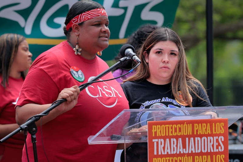 Jennifer Vasquez (right), wife of Kilmar Abrego Garcia, addresses a May Day rally near the White House. Photograph: Chip Somodevilla/Getty Images
