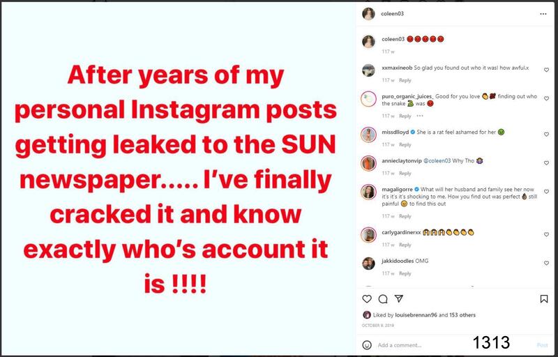 One of two posts from Coleen Rooney's private Instagram made on the day of her viral public post accusing 'Rebekah Vardy's account. Photograph: PA