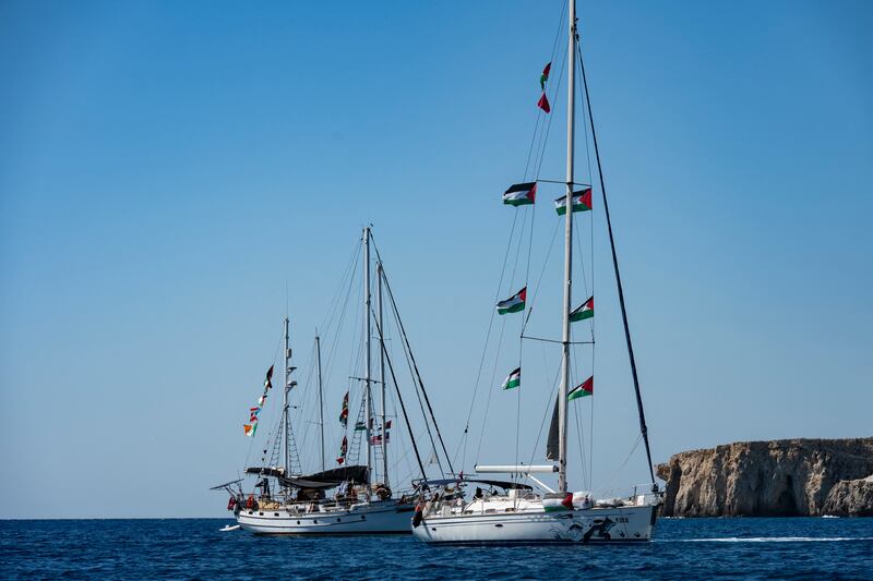 Members of the group of the Global Sumud Flotilla to Gaza, moored south of the island of Crete on Friday. Photograph: Eleftherios Elis/AFP/Getty