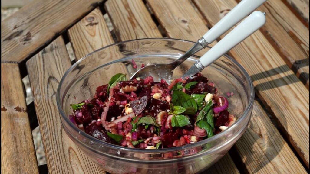 Beetroot, Basil and Hazelnut salad.Photograph: Brenda Fitzsimons 05/07/2013-HEALTH-Beetroot, Basil and Hazelnut salad.FOR JULY 30th.Photograph: Brenda Fitzsimons / IRISH TIMES