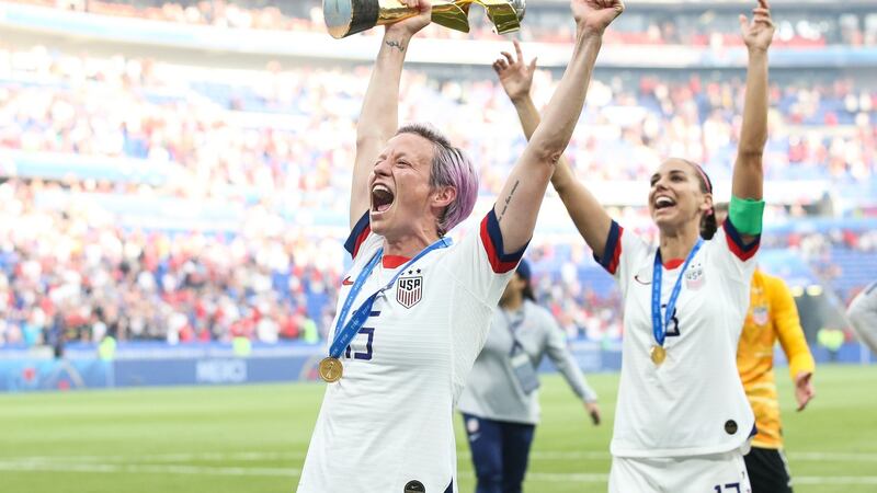 Megan Rapinoe of USA celebrates after her team won the 2019 Women’s World Cup, at Stade de Lyon, France. Photograph: Zhizhao Wu/Getty Images