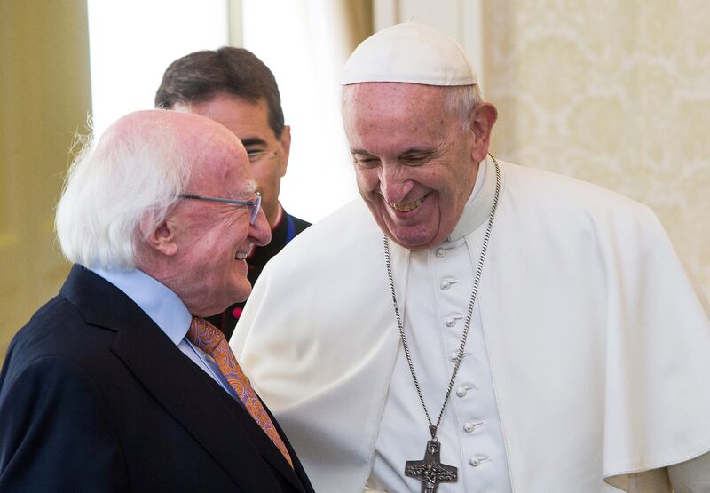 Pope Francis with President D Higgins at Aras an Uachtarain in 2018. Photograph: WMOF2018/Maxwell Photography via Getty Images