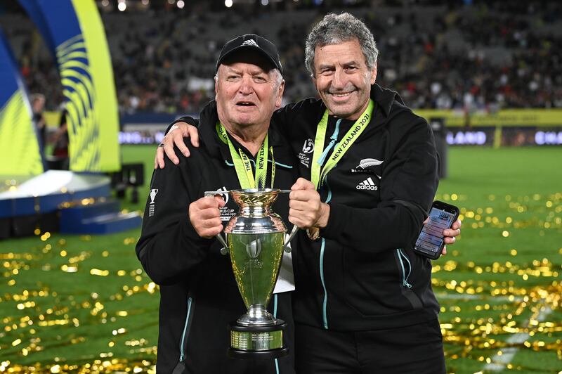 New Zealand’s coach Wayne Smith and Black Ferns mentor Graham Henry with the trophy. Photograph: Andrew Cornaga/Photosport/Inpho