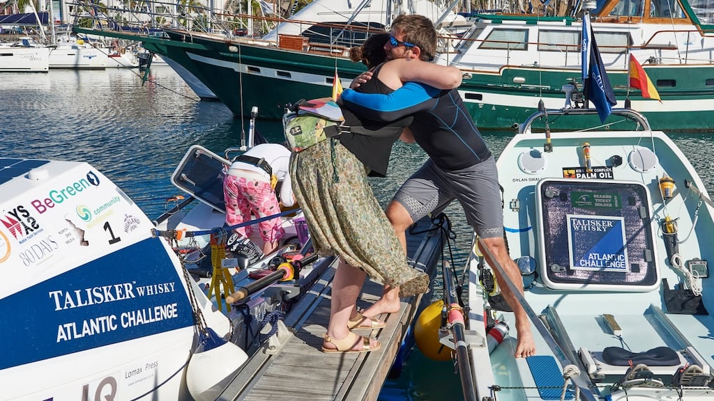 Gavan Hennigan hugs his sister before setting off in the Talisker Whisky Atlantic Challenge from the Canaries to Antigua. Photograph: Ben Duffy/PA