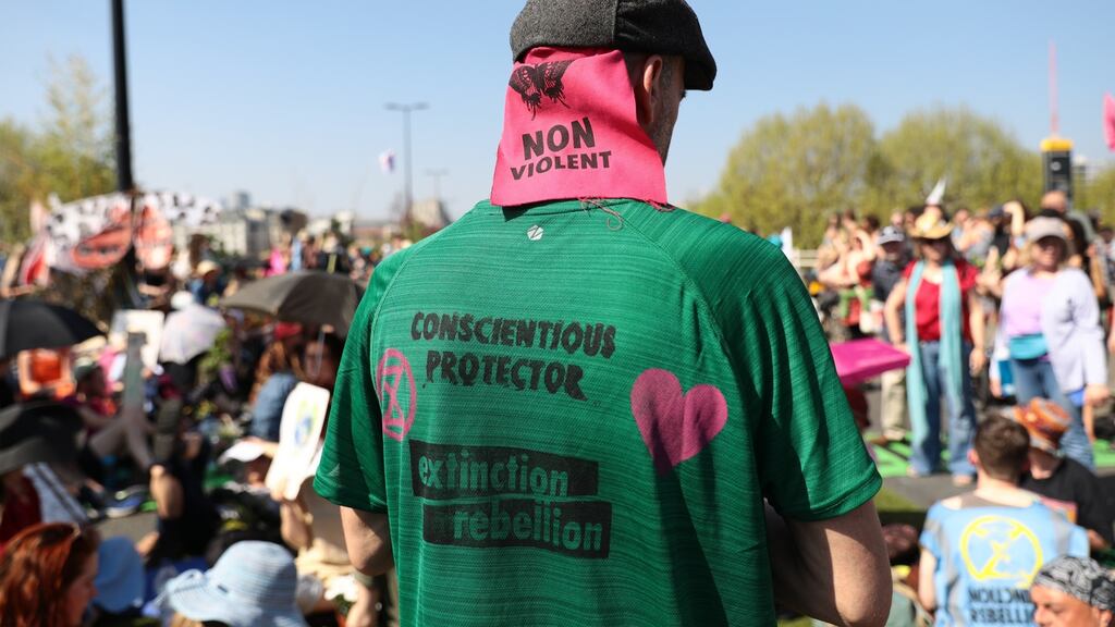 Extinction Rebellion protestor on Waterloo Bridge, London on Sunday April 21st. Photograph:  Jack Taylor/Getty Images
