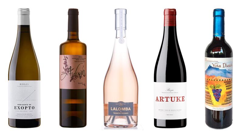 Left to right: 1. Horizonte de Exopto Rioja Blanco, 2. Aduna Rioja Blanco, 3. Ramon Bilbao Lalomba Rosé, 4. Bodegas Artuke Maceracion 2019, Rioja DOCa, 5. Viña Ilusión Rioja DOCa