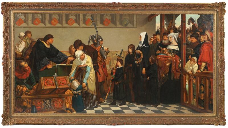 Mediaeval Narrative Scene, an oil-on-canvas in a gilded frame estimated at €10,000-€15,000