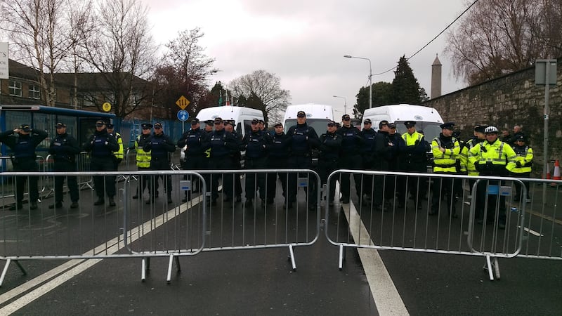 Riot squad and uniformed gardaí. Photograph: Conor Lally