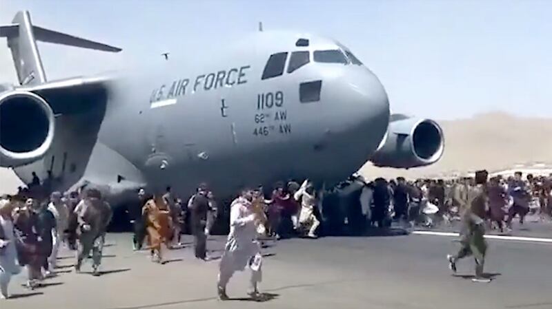 The US air force C-17 Globemaster transport plane taxiing in Kabul airport last month.
