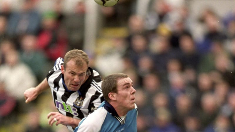 Newcastle’s Alan Shearer gets above Manchester City’s Richard Dunne to win a header during a Premiership game in 2001 at St James’s Park. Photograph: Gary M Prior/Allsport
