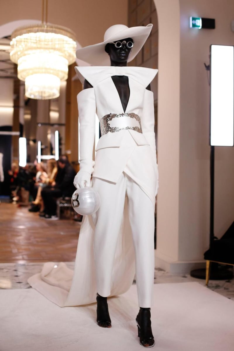 A model wears a creation for the Balmain Spring/Summer 2019 Haute Couture fashion collection. Photograph: Thibault Camus/AP