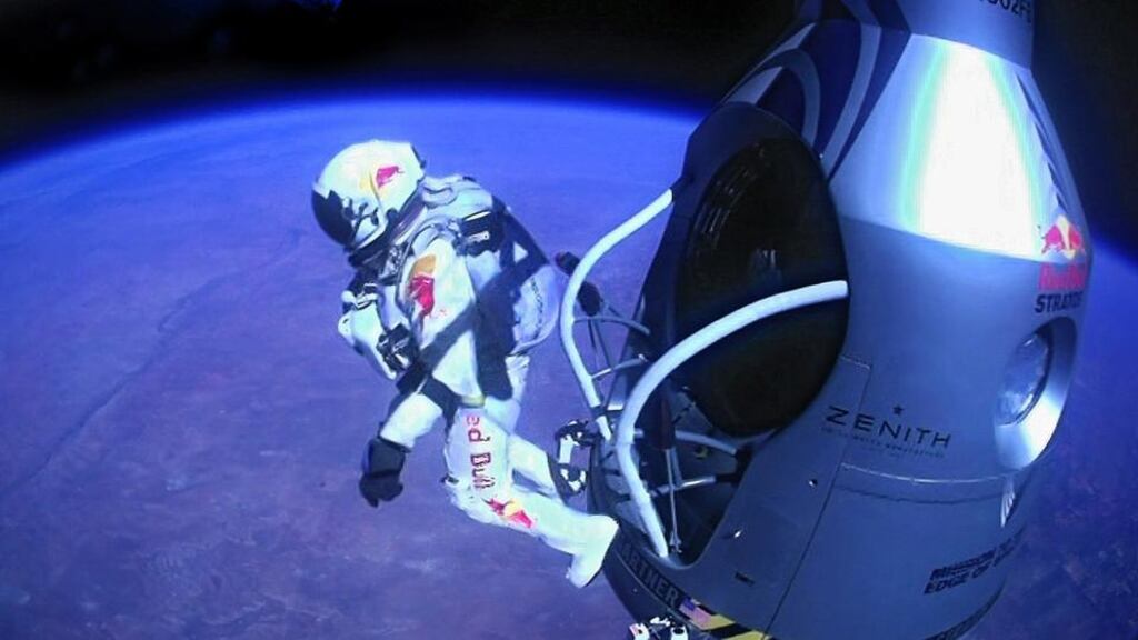 Felix Baumgartner steps into his four-minute freefall from the stratosphere
