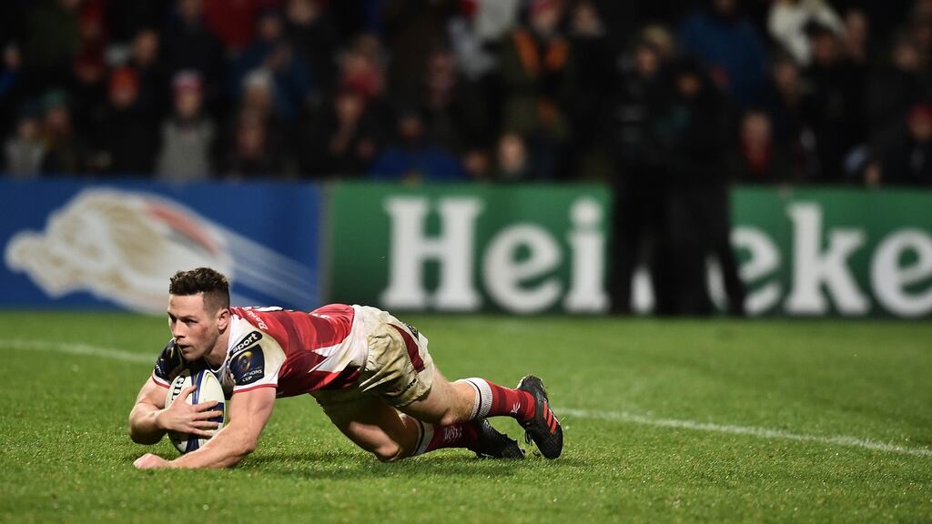 Ulster’s John Cooney scores his side’s fifth try against Harlequins. He amassed a personal tallly of 27 points in the victory. Photograph: Charles McQuillan/Getty Images
