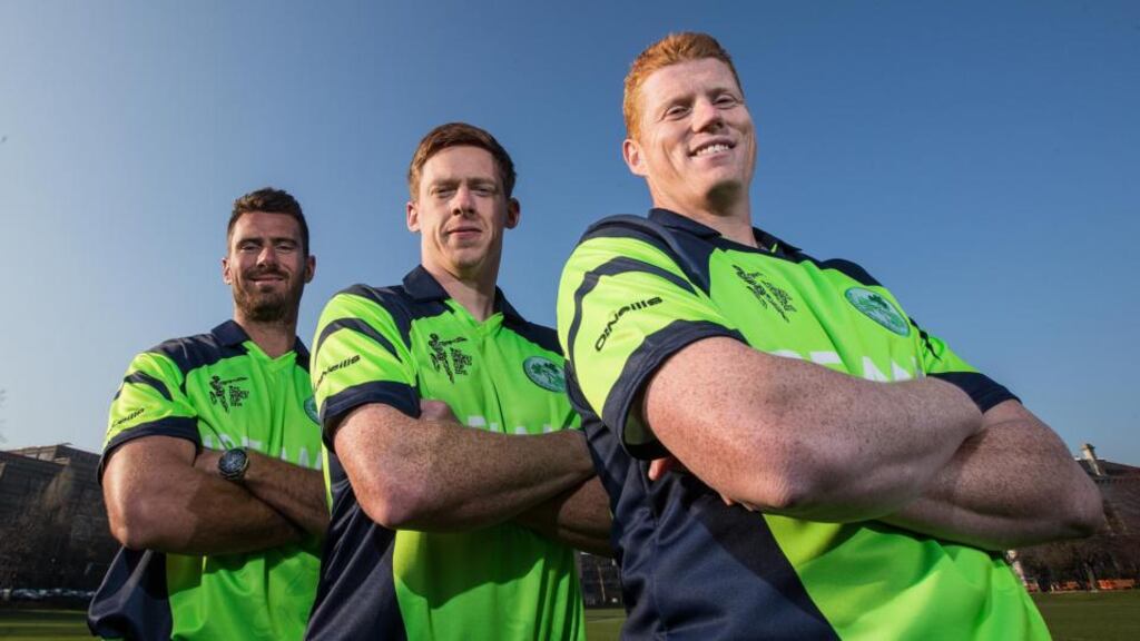 Max Sorensen, Craig Young and Kevin O’Brien at the announcement that Tourism Ireland will sponsor the Ireland team at the 2015 World Cup in Australia and New Zealand. Photograph: Ryan Byrne/Inpho