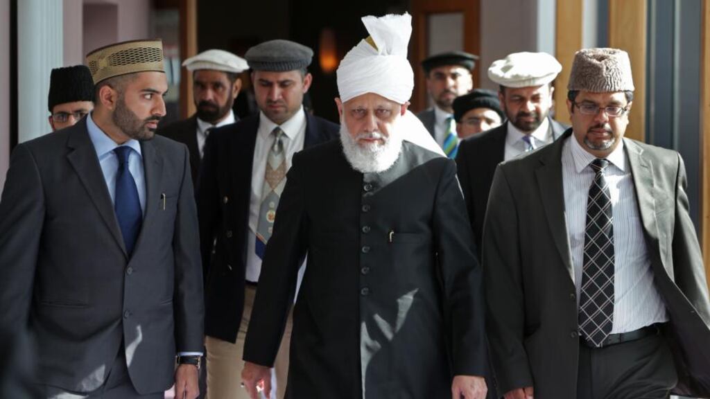 His Holiness Hadhrat Mirza Masroor Ahmad, centre, at the opening of the Maryam Mosque on the Old Monivea Road at Ballybrit, Galway. Photograph: Joe O’Shaughnessy