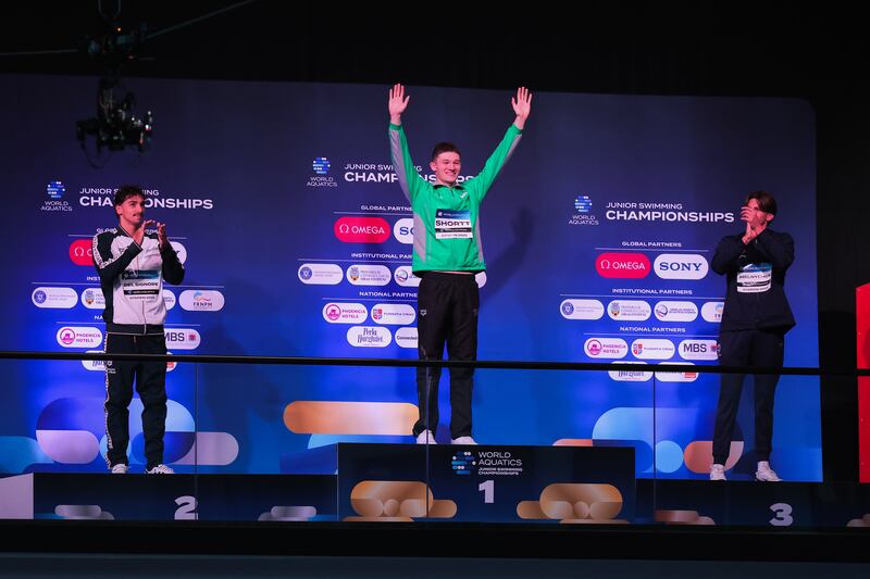 BUCHAREST, ROMANIA - AUGUST 24: (L-R) Silver medalist Daniele del Signore of Italy, gold medalist John Shortt of Ireland, and bronze medalist Melnychuk of USA pose after the final. Photograph: Vasile Mihai-Antonio/Getty