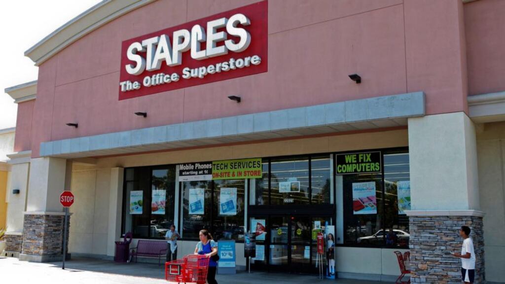 A Staples store in Torrance, California. The world’s largest office supplies chain cut its annual profit forecast because of declines in its retail and international business. Photograph: Bloomberg