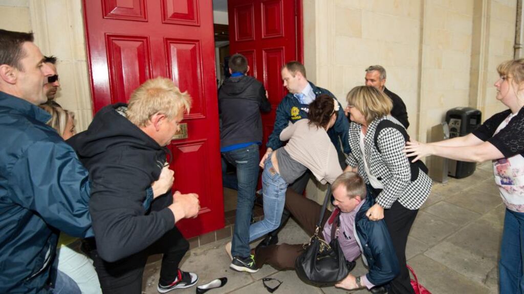 The crowd outside Cavan District Court where Oliver Kierans appeared yesterday evening. Photograph: Philip Fitzpatrick.