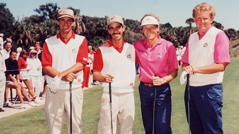 Steve Pate, Corey Pavin, Bernhard Langer and Colin Montgomerie on the first tee with the Americans in camouflage. Photo: PGA of America via Getty Images