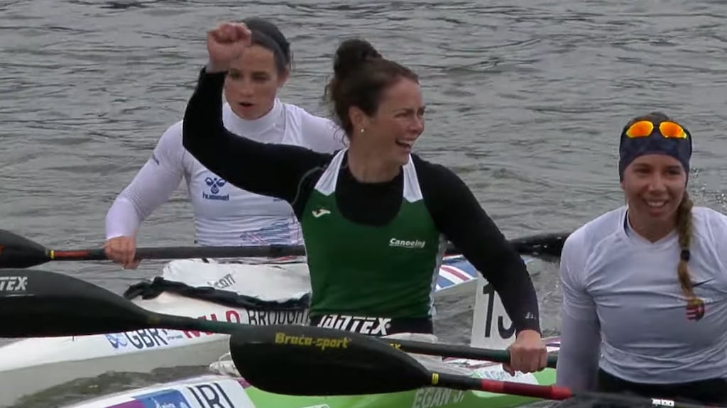 Jenny Egan celebrates her silver medal.