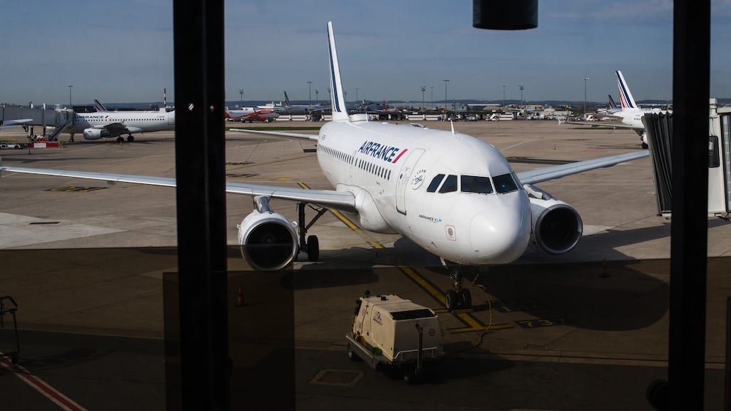 An Air France-KLM aircraft at a departure gate at Orly Airport in Paris, France. Photograph: Nathan Laine/Bloomberg