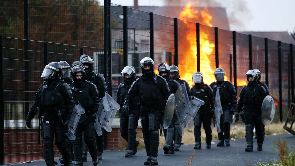 The Bloomfield Walkway bonfire in east Belfast was set alight hours after a court ordered its height to be reduced ahead of the Eleventh Night. Photograph: Kelvin Boyes / Press Eye