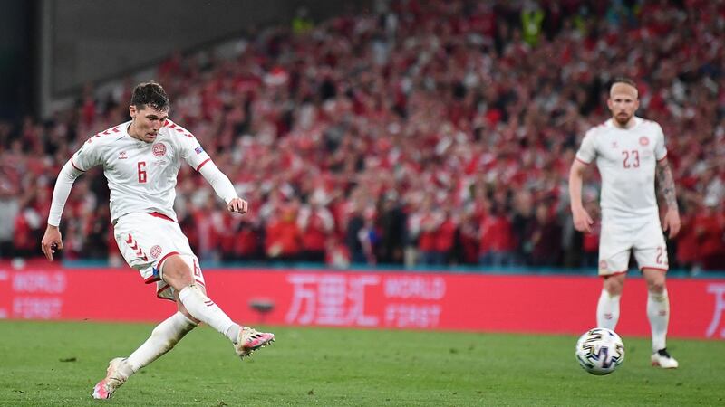 Andreas Christensen scores the third. Photo: Stuart Franklin/AFP via Getty Images