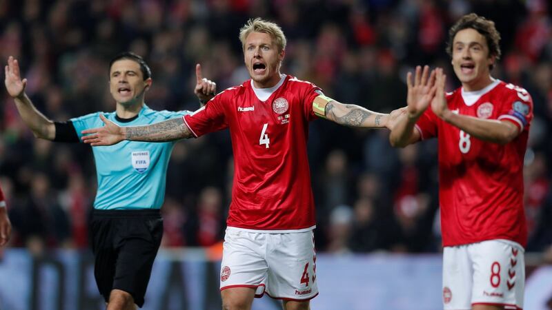 Denmark’s Simon Kjaer reacts to a decision. Photograph: Andrew Couldridge/Reuters