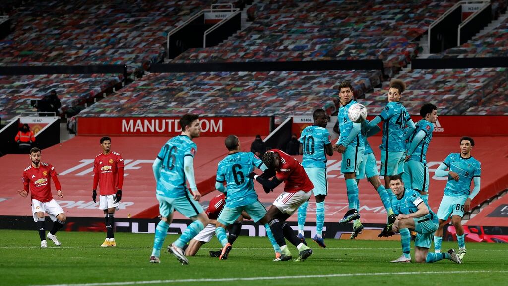 Bruno Fernandes scores the winning goal for Manchester United at Old Trafford. Photograph: Getty Images