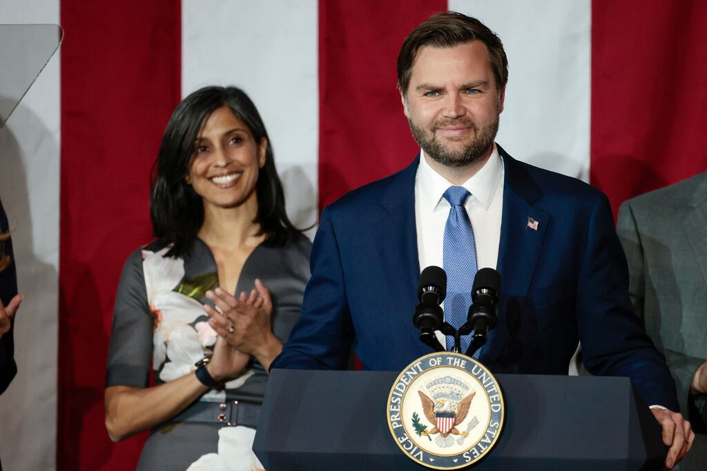 US Vice President JD Vance and his wife Usha Vance, who are to visit Greenland on Friday. (Photo by Jeff Kowalksy / AFP)