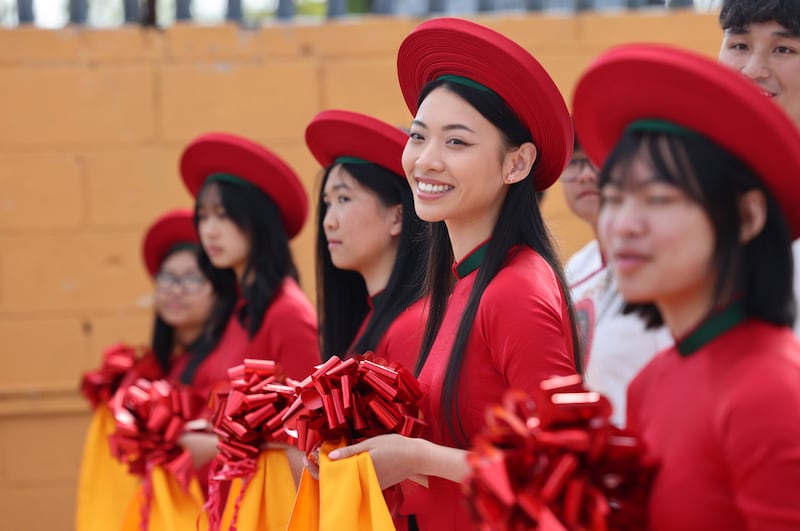 Sylvia Wan (second from right), from Beaumont, Dublin, with some of the other participants at the temple opening ceremony.
Photograph: Dara Mac Dónaill