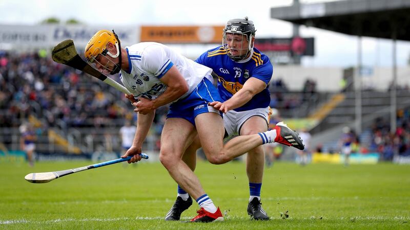 Tipperary’s Willie Connors challenges Thomas Ryan of Waterford during the Munster SHC game at Semple Stadium Photograph: Ryan Byrne/Inpho