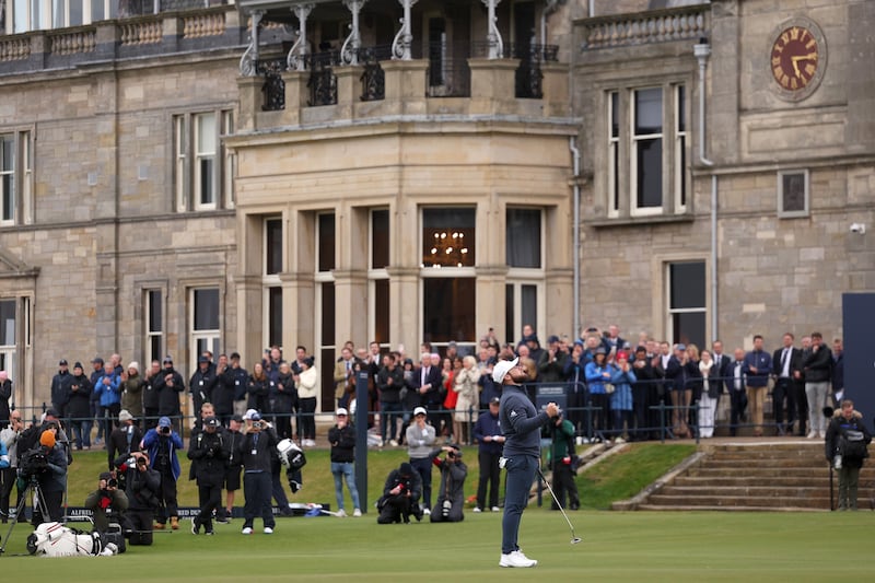 Tyrrell Hatton celebrates after putting to win on the 18th green. Photograph: Warren Little/Getty Images