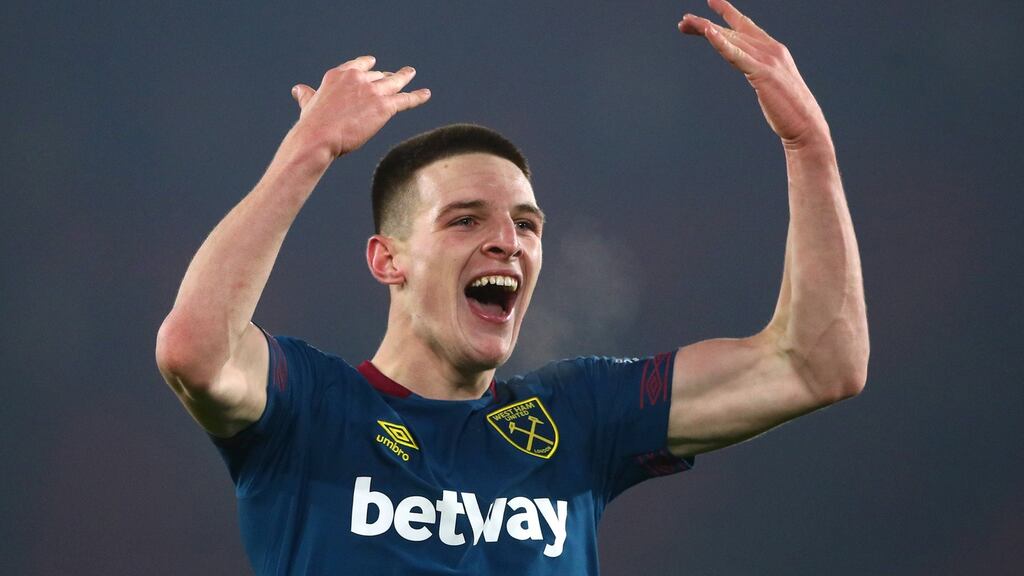West Ham’s Declan Rice celebrates after their Premier League win over Southampton. Photo: Hannah McKay/Reuters