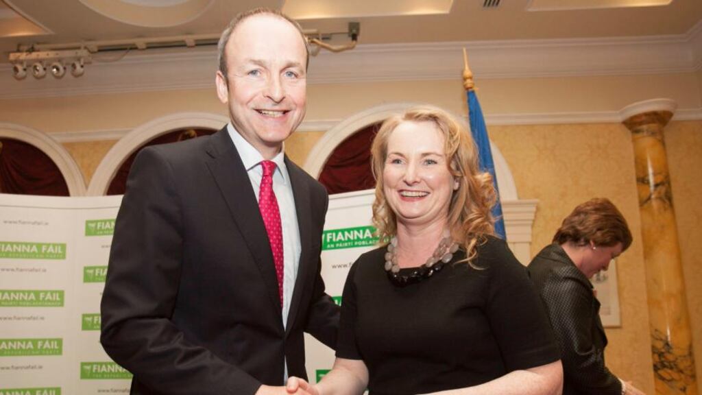 Winner of Fianna Fáil’s selection convention for the Dublin Constituency in the forthcoming European Parliament Election Mary Fitzpatrick and  Fianna Fáil leader Micheal Martin Photograph: Gareth Chaney/Collins