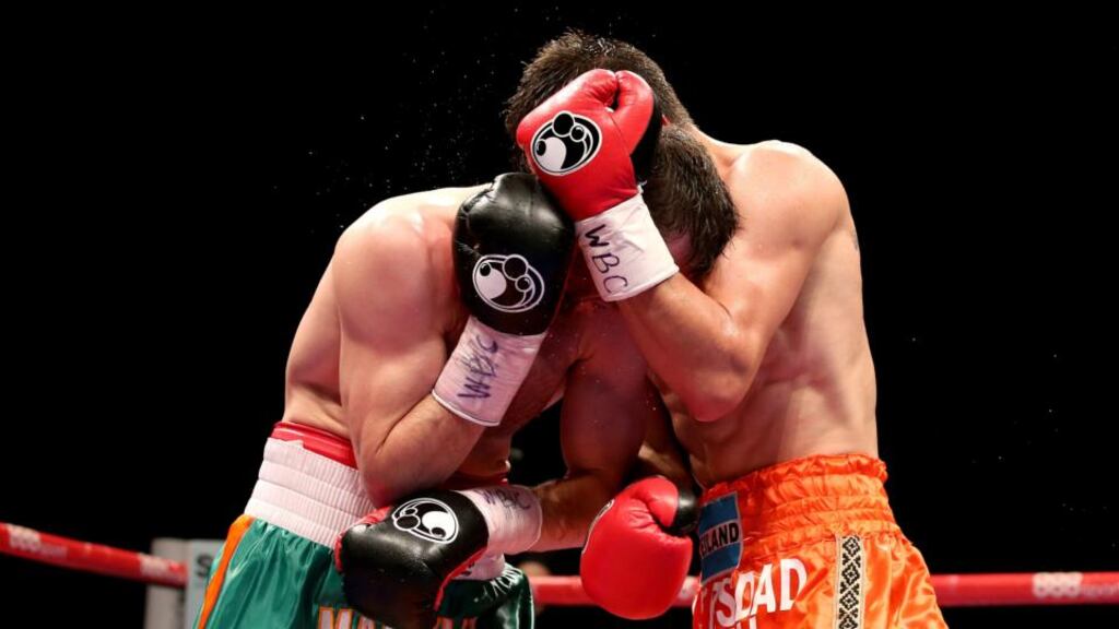 Matthew Macklin and Jorge Sebastien Heiland at close quarters during their WBC middleweight title eliminator at the 3 Arena in Dublin. Photograph: Ryan Byrne/Inpho