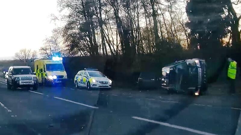 Prince Philip’s car crash: police at the scene of the collision near the British royal family’s Sandringham estate. Photograph: Dylan Bailey via Reuters