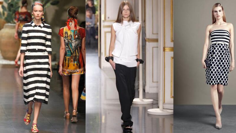 Left to right: Jack (€1,450) and skirt (€575) by Dolce & Gabbana at Brown Thomas. White top (€1,390) by Celine at Brown Thomas. Dress (€240) by Hobbs.