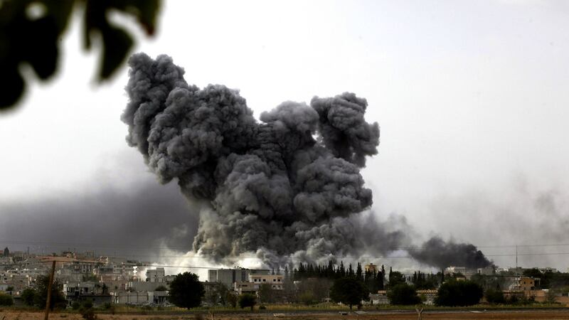 The Syrian town of Kobani in 2014. The US-led coalition has carried out more than 27,000 airstrikes against Islamic State targets in Iraq and Syria since August 2014. Photograph: Gokhan Sahin/Getty Images