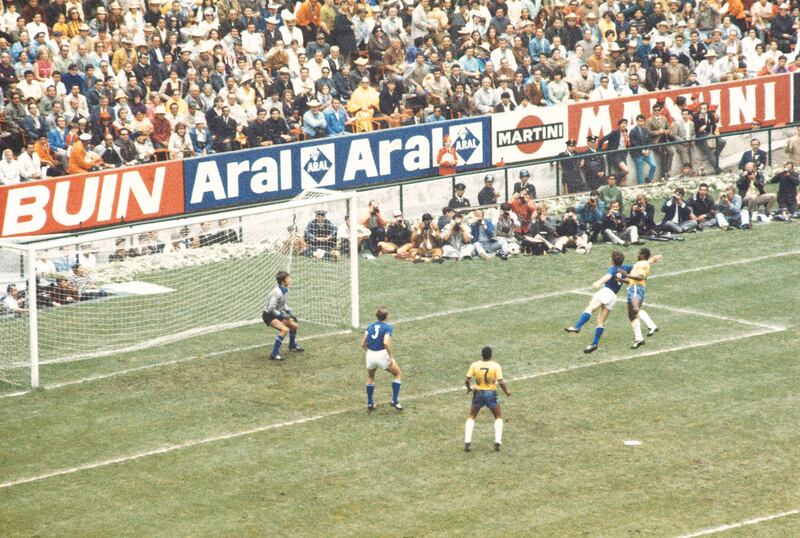 Brazil's Pele heads in the first goal in the 1970 World Cup final against Italy, at the Azteca Stadium, Mexico. Photograph: Mario De Biasi/Mondadori via Getty Images